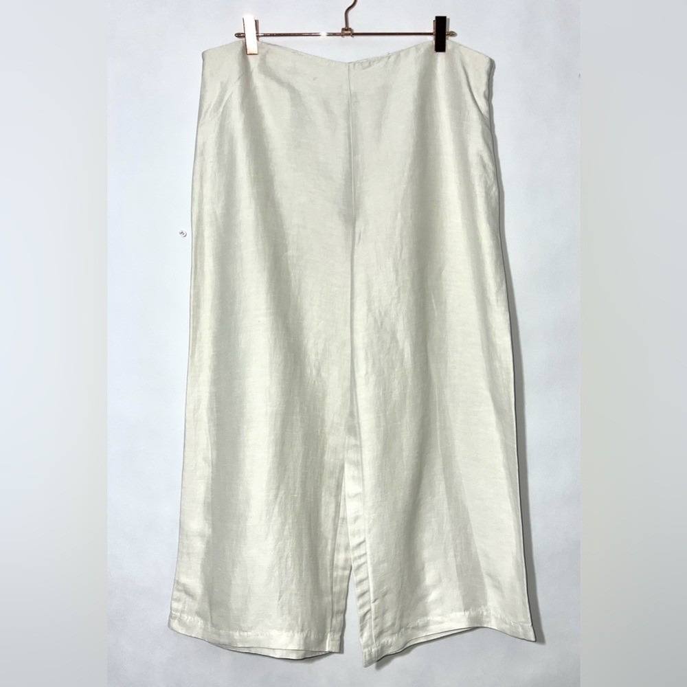 Eileen Fisher Ivory Linen Silk Woman Cropped‎ Pants Size Large Side Zip Wide Leg
